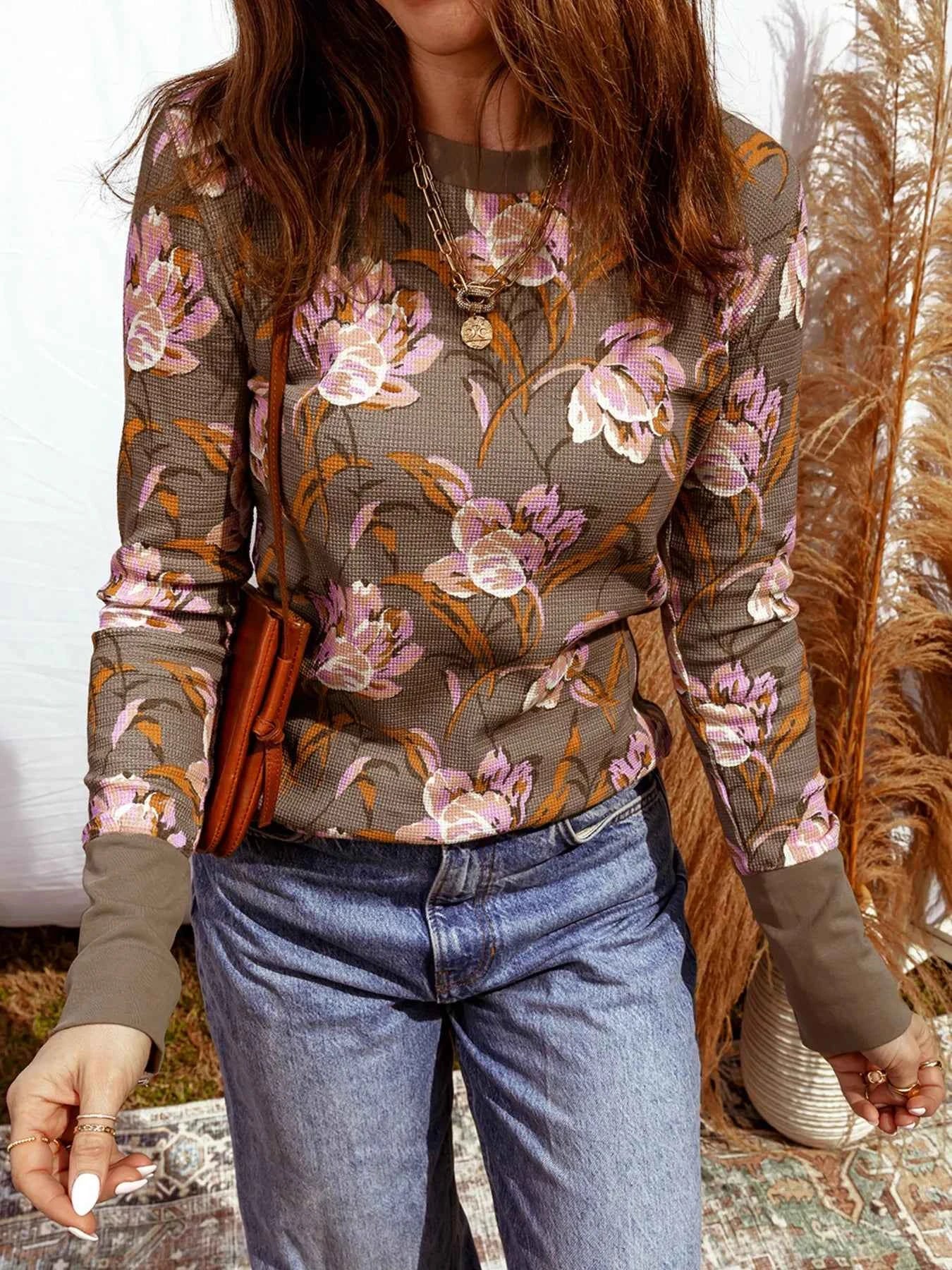 Floral Print Waffle Textured Long Sleeve Top f41c1936e9c644c9af33bec1156f520b-Max-Origin