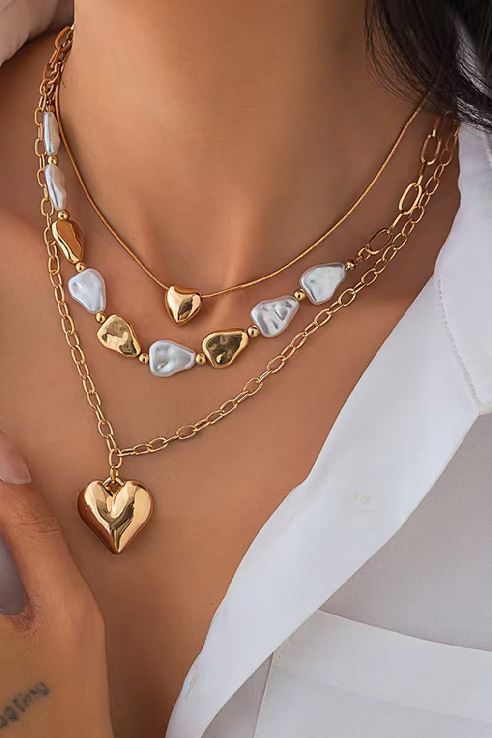 Gold Heart Pendant Pearl Chain Necklace Set f41de4e298dabb44