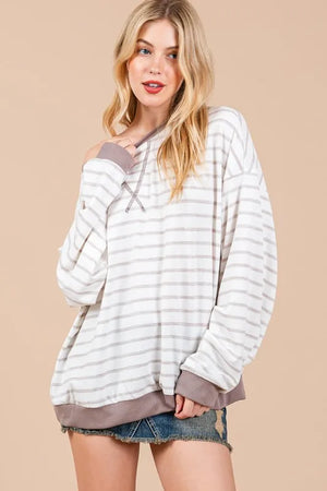 Ces Femme Striped Round Neck Drop Shoulder Sweatshirt Taupe Mocha f41def6b-179e-40af-9af5-34bd297982fe-Max