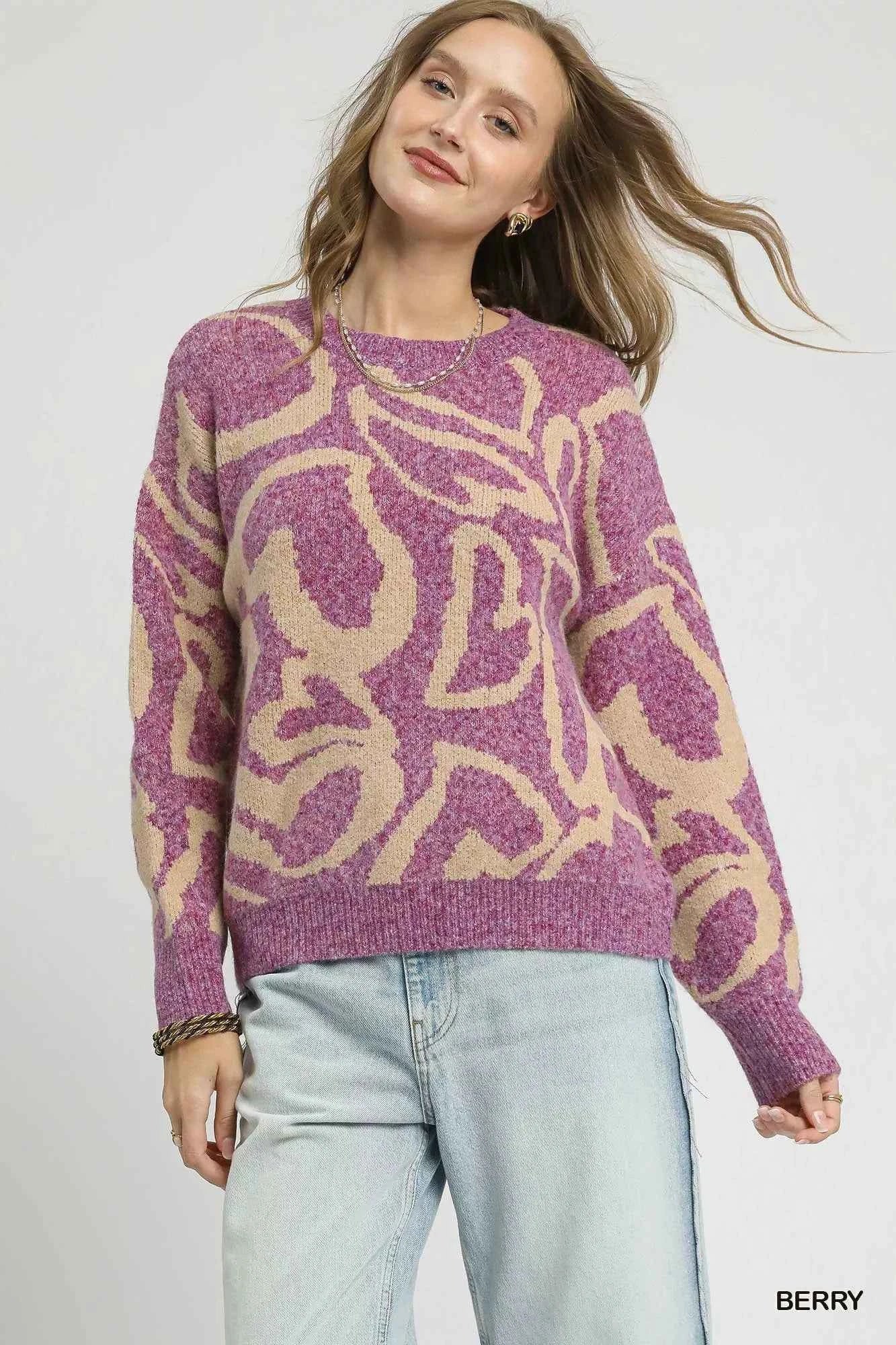 Umgee Ribbed Hem Contrast Dropped Shoulder Sweater BERRY f4242c8c-183b-442e-add9-b619670eb8ab-Max-Origin