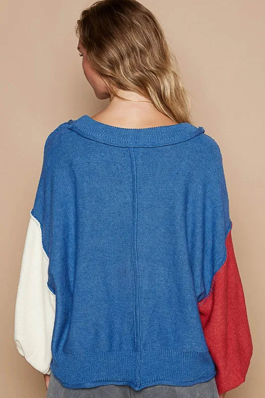 POL Exposed Seam Contrast V-Neck Lantern Sleeve Sweater f42c9f59-080b-41fe-8838-e7a625171efe-Max
