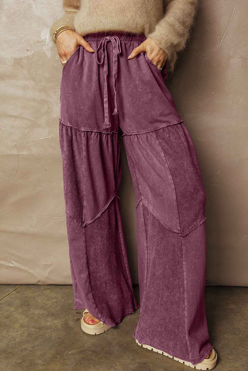 Ashleigh Blue Careys Mineral Wash Tiered Wide Leg Patchwork Drawstring Pants Wild Ginger 85%Cotton+15%Polyester f42e8a35181f137f