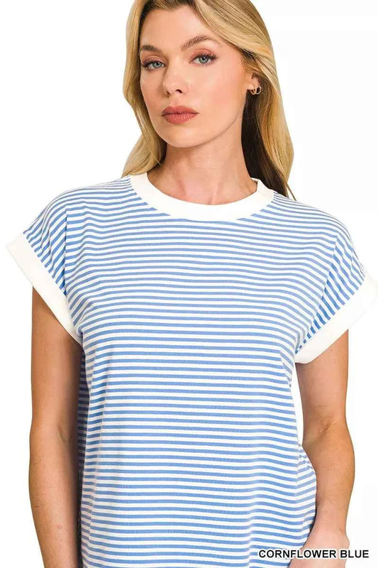 Striped Round Neck Short Sleeve Contrast Trim T-Shirt f4309889e0024eaa8218171abe9b1cfd-Max-Origin