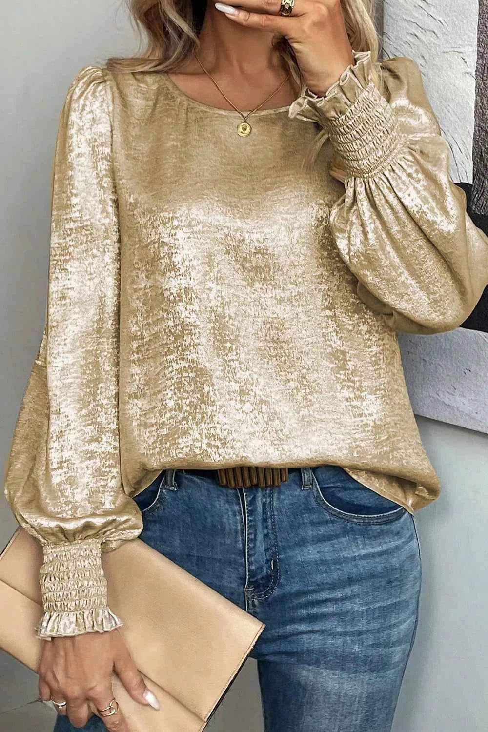 Round Neck Lantern Sleeve Blouse Beige f4370d2d-df55-4dd2-a1a4-6bcc70778a09-Max-Origin