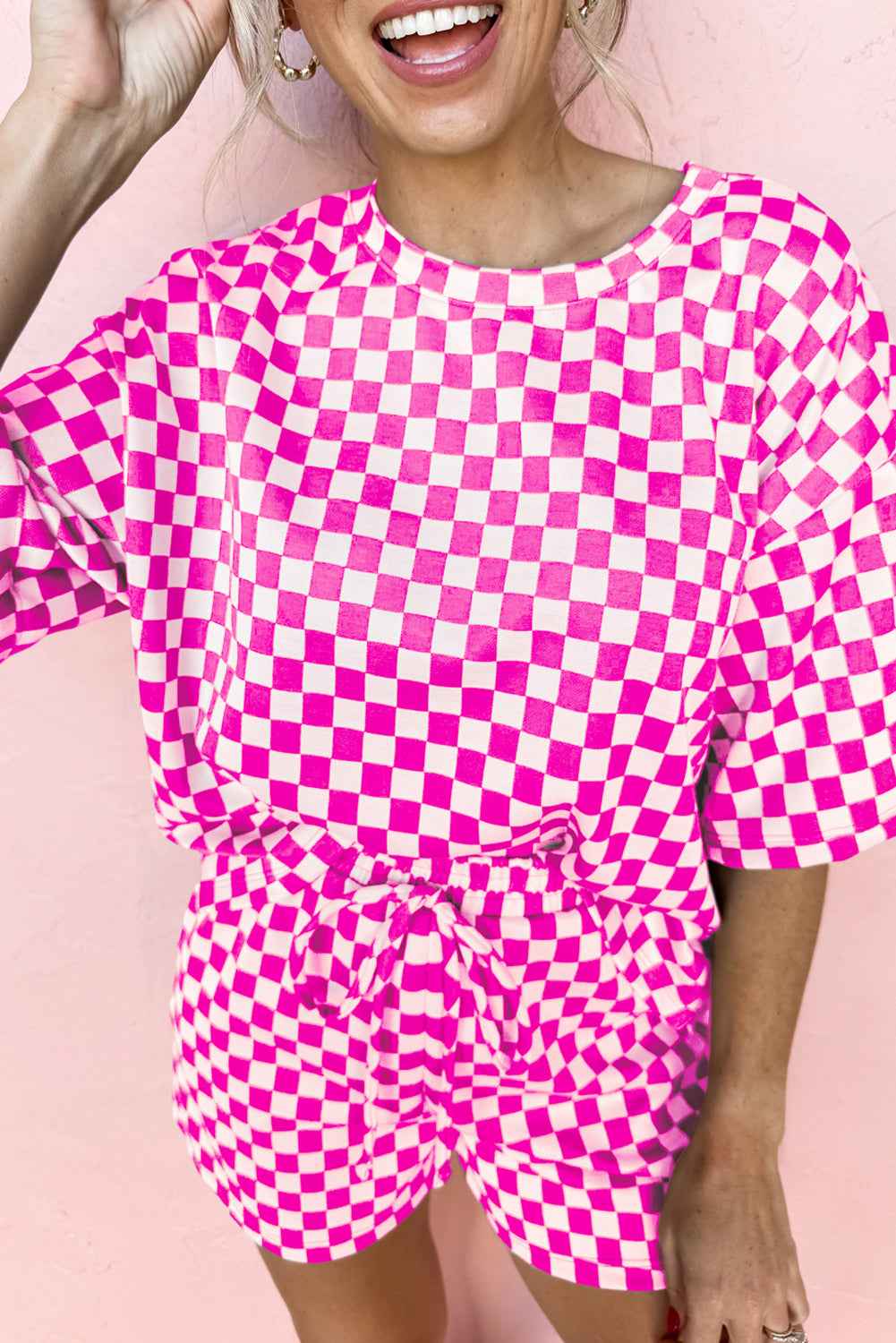 Brown Checkered Top and Drawstring Shorts Pajama Set Rose f4376aa7ed5a98c6