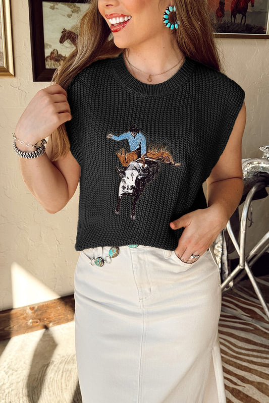 Black Western Cowboy Embroidery Round Neck Sleeveless Sweater Black 100%Acrylic f4428596a14559ac