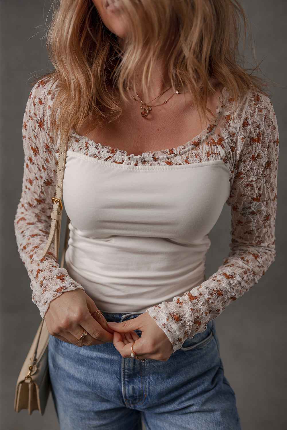 White Floral Lace Patchwork Square Neck Long Sleeve Top f447abef2424d3d4