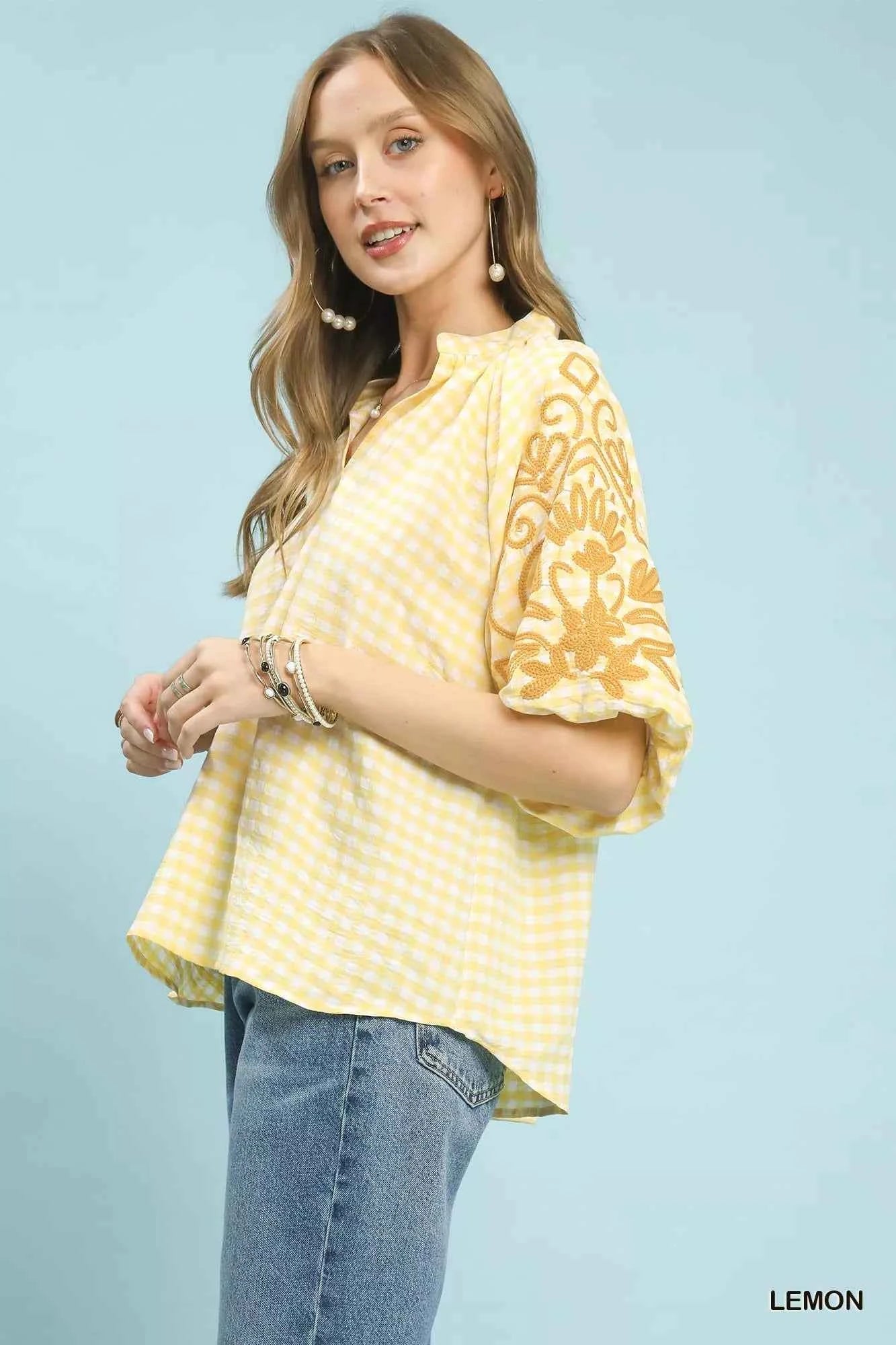 Umgee Gingham Embroidered Balloon Sleeve Top f447f089-26e1-49e2-bce6-c819d67b317f-Max-Origin