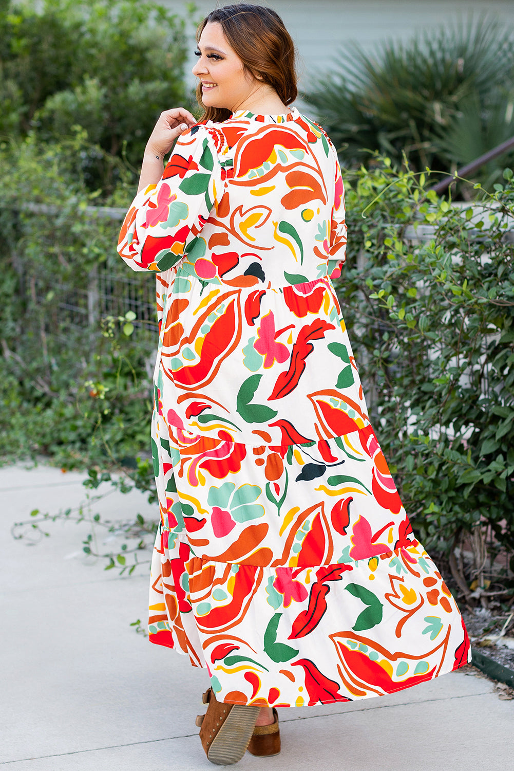 Orange Abstract Tie V Neck Tiered Plus Size Dress f44bb123c2530692