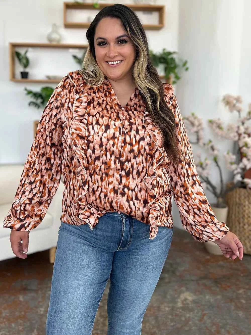 Double Take Full Size Printed Ruffle Trim Balloon Sleeve Shirt f456bf18-b0f8-4150-8b7c-8d18a6304034-Max