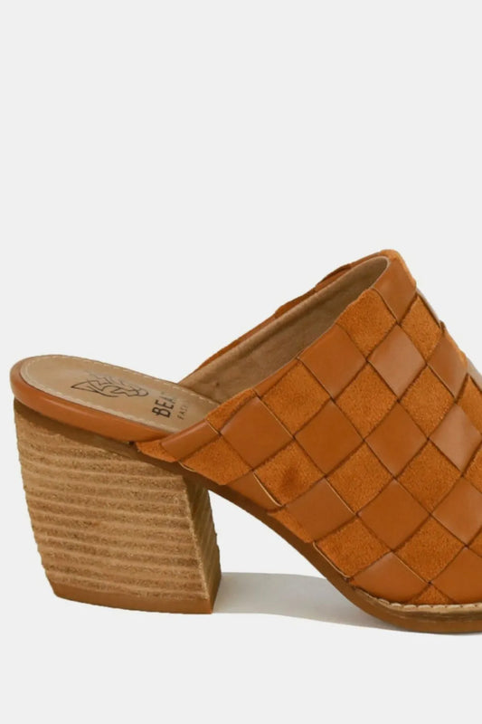 Beast Fashion Woven Checkerboard Block Heel Mule Shoes f466c4b9-b1b4-4e37-b144-9a9004ce0324-Max