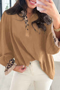 Camel Leopard Contrast V Neck Long Sleeve Blouse Camel 100%Polyester f467794b28dff9f7