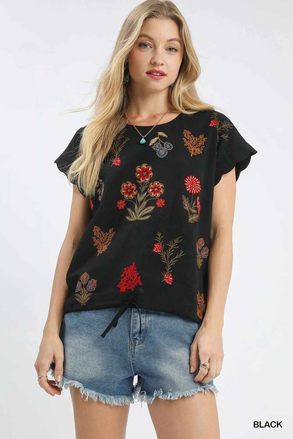 Umgee Embroidered Scallop Sleeve Top with Drawstring Hem BLACK f46d8ad3-d243-476e-b8b9-f3b809de5188-Max-Origin