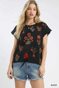 Umgee Embroidered Scallop Sleeve Top with Drawstring Hem BLACK f46d8ad3-d243-476e-b8b9-f3b809de5188-Max-Origin