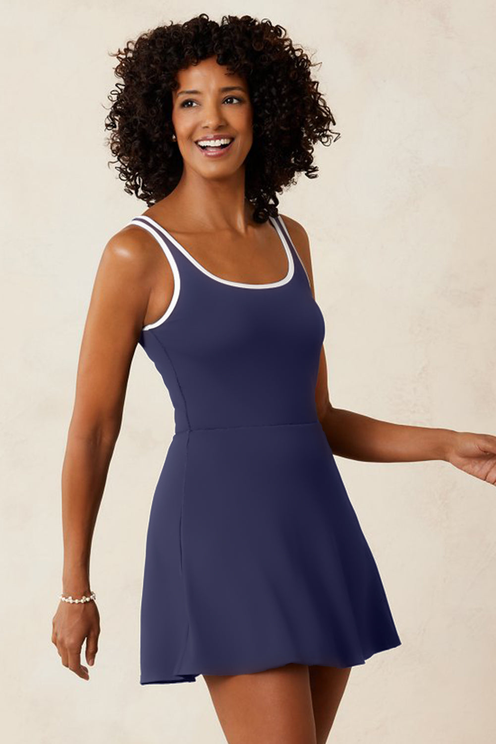 Blue Sapphire Contrast Edge Ruffled High Waist One Piece Swim Dress f47b00daad8c5ade