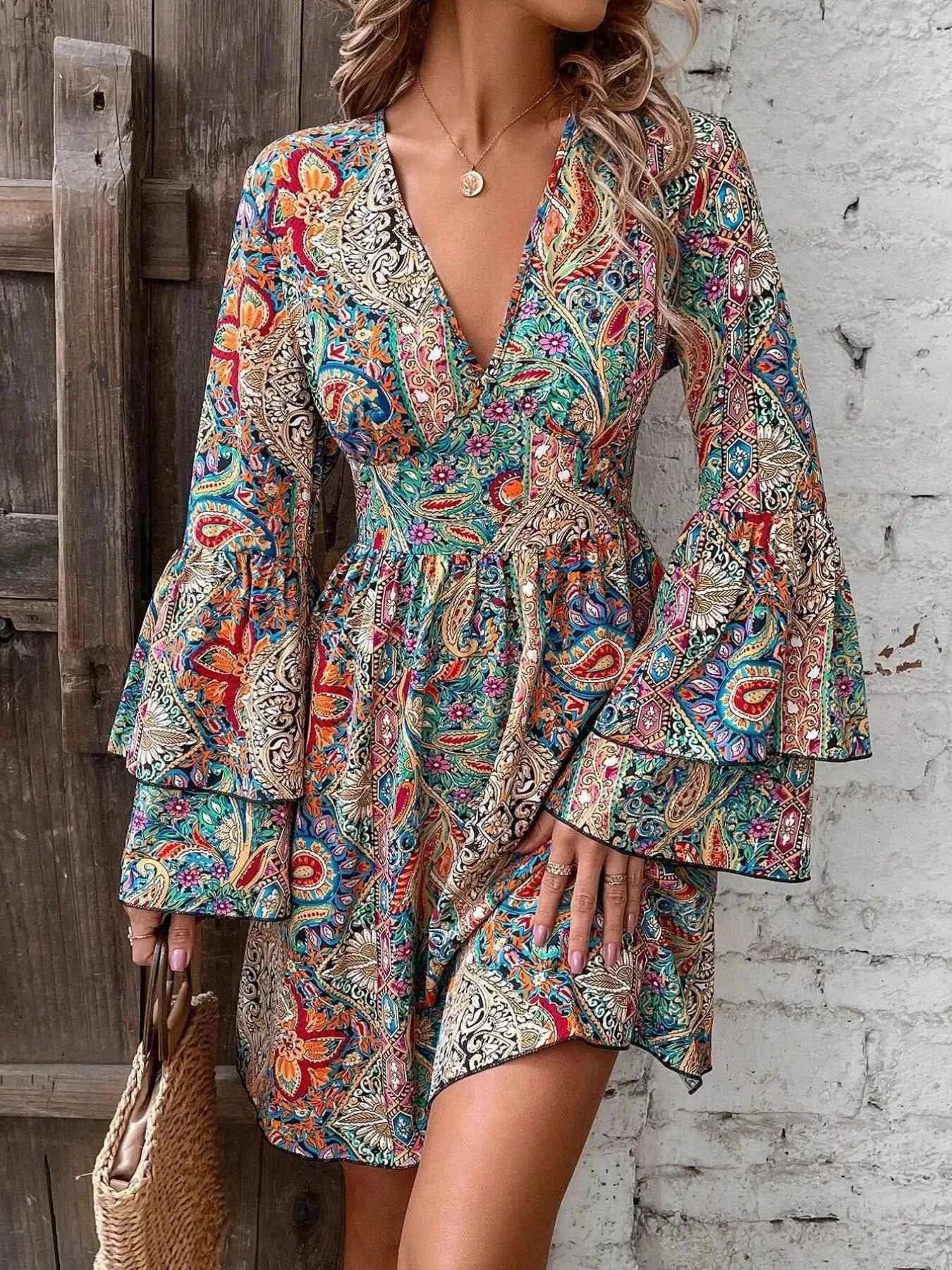Paisley Print V-Neck Flounce Sleeve Dress Multicolor f47e904b-0cb9-417a-92eb-d5d7d84525ae-Max-Origin