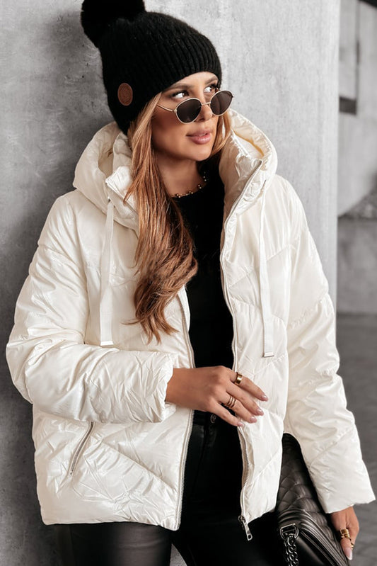 White Solid Quilted Hooded Zip Up Puffer Coat f4849145250f5f1d