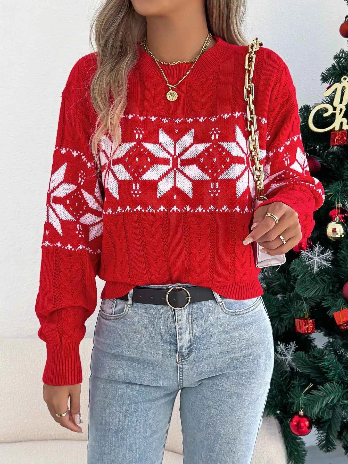 Christmas Snowflake Cable Knit Sweater Red f485b64c-2a54-4d79-ad52-73ffba5867b6-Max-Origin