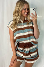 White Stripe Button Polo Collar Tee Drawstring Elastic Waist Patchwork 2pcs Short Set f486a0ec811ddfbd