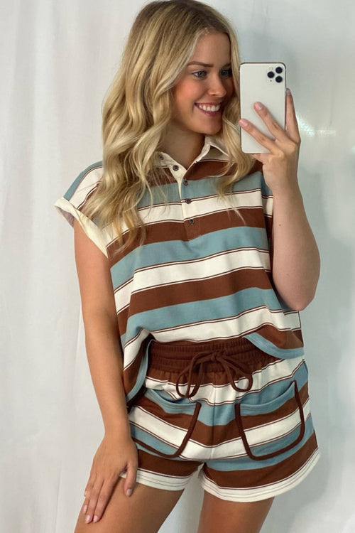 White Stripe Button Polo Collar Tee Drawstring Elastic Waist Patchwork 2pcs Short Set f486a0ec811ddfbd