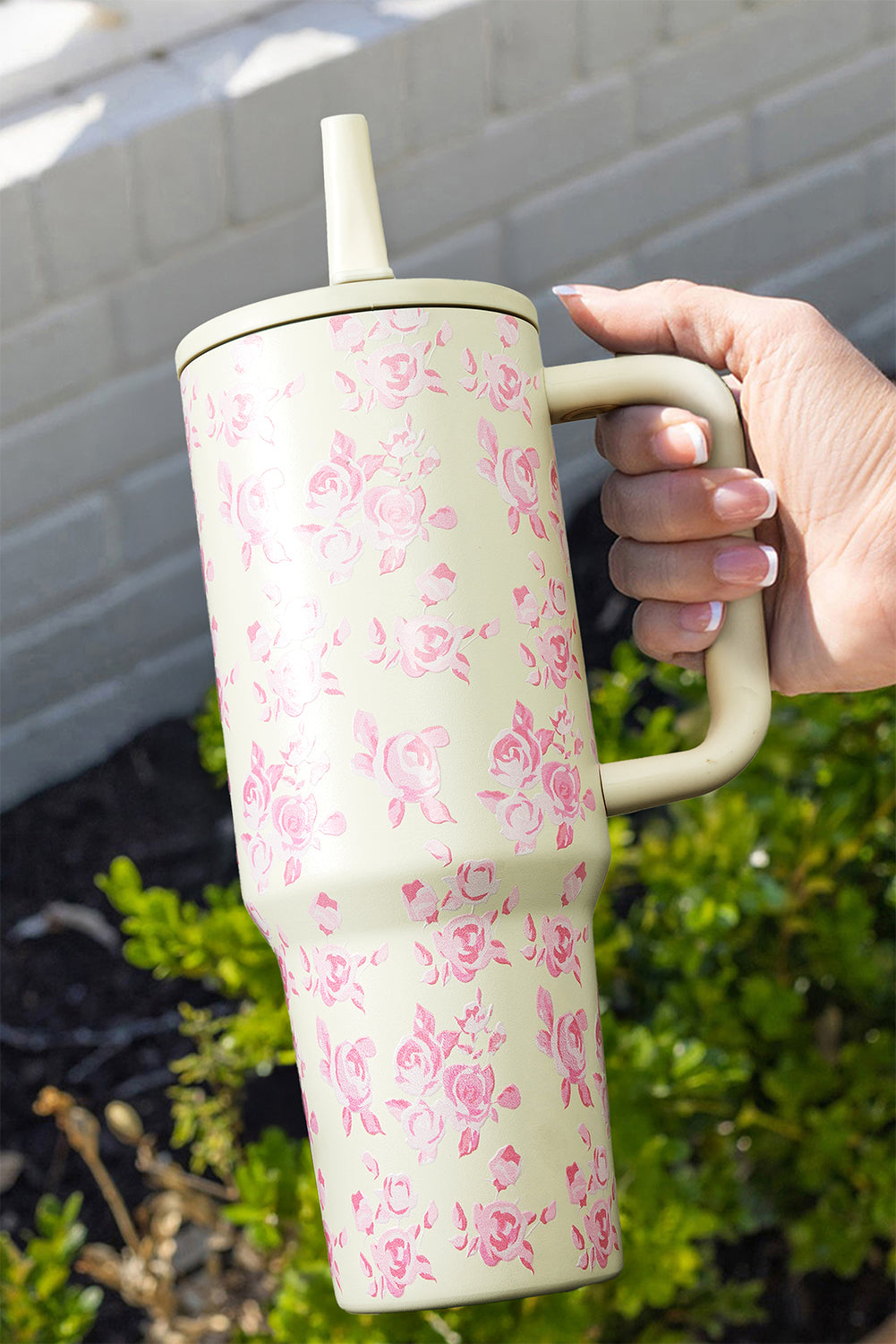 White Flower Print Handle Insulated Large Tumbler White ONE SIZE stainless steel f487badbdab0b957