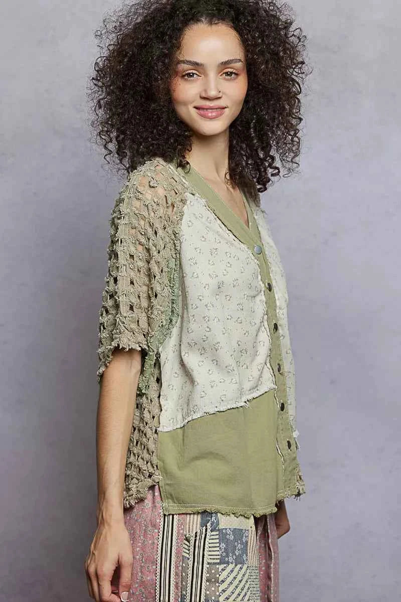 POL Button Down V-Neck Jacket with Printed Woven Patchwork f48c6443-b4e3-4238-b885-d99cc187e710-Max-Origin