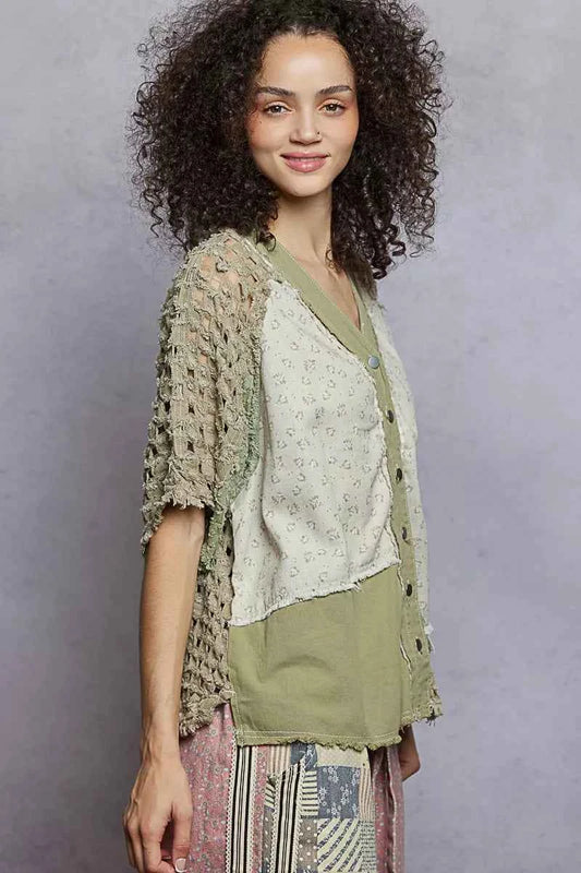 Button Down V-Neck Jacket with Printed Woven Patchwork f48c6443-b4e3-4238-b885-d99cc187e710-Max-Origin