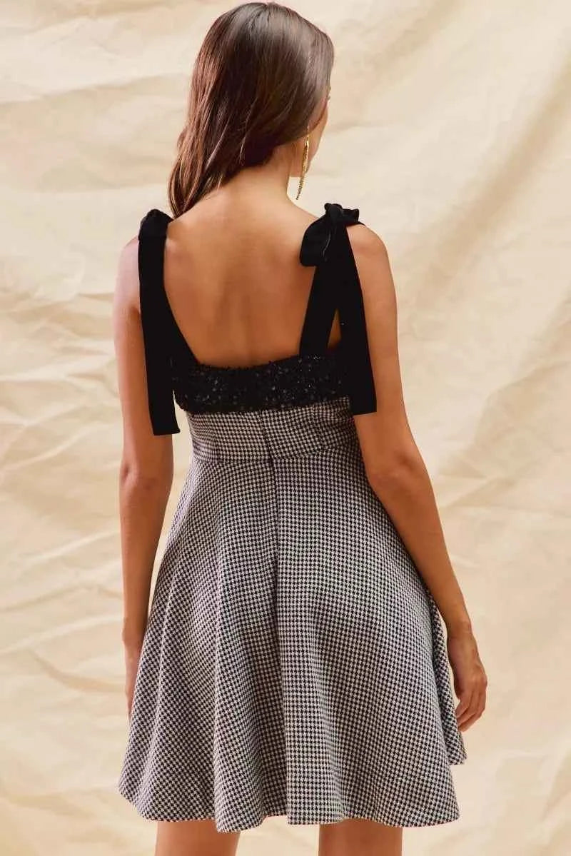 SO ME Houndstooth Fit Flare Mini Dress with Shoulder Tie f4911a58ec9b4601ac6db4efce120a9a-Max-Origin