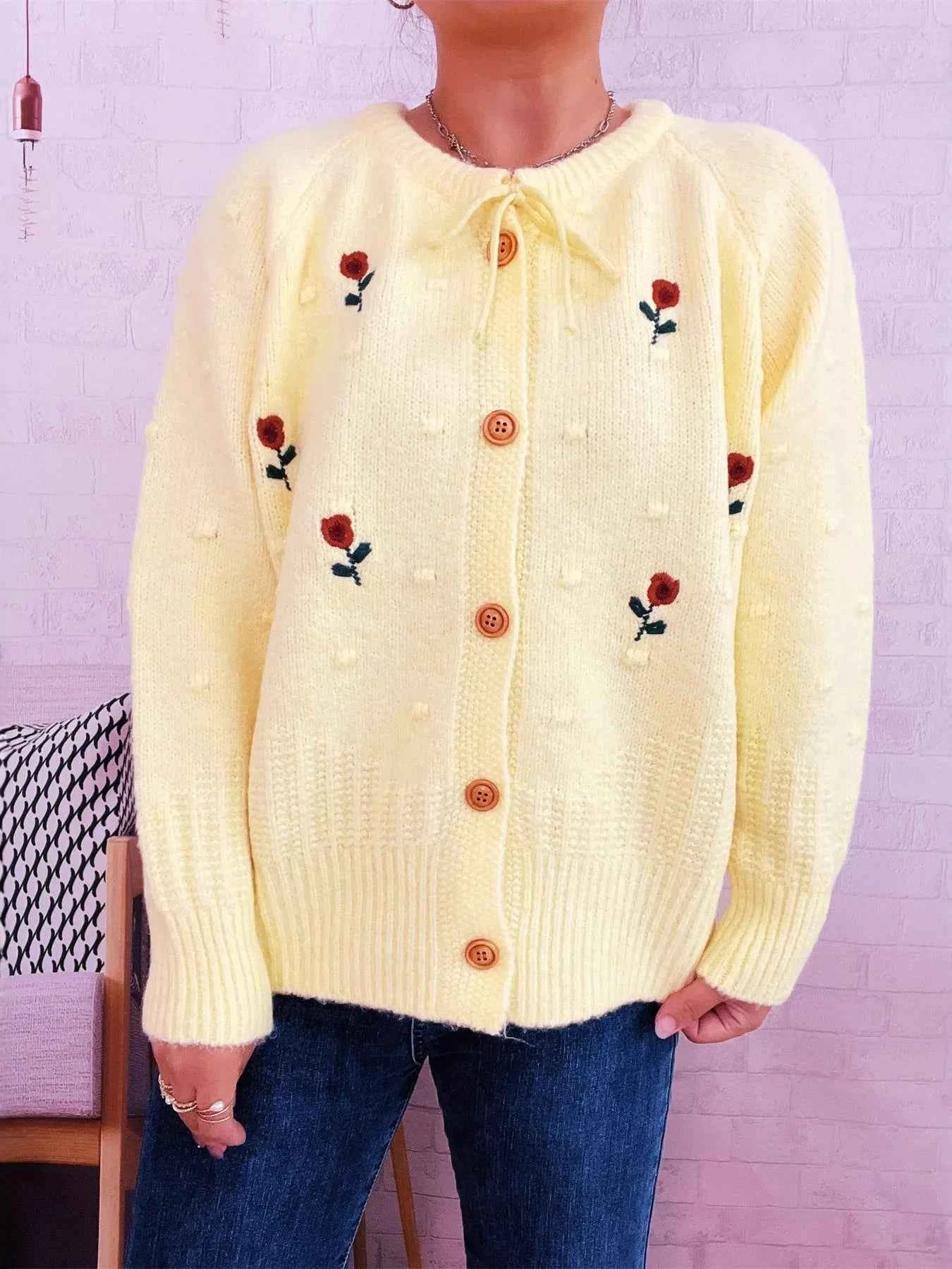 Rose Embroidered Button-Up Cardigan f494a10112b54db5b1a94cc40a3893da-Max-Origin
