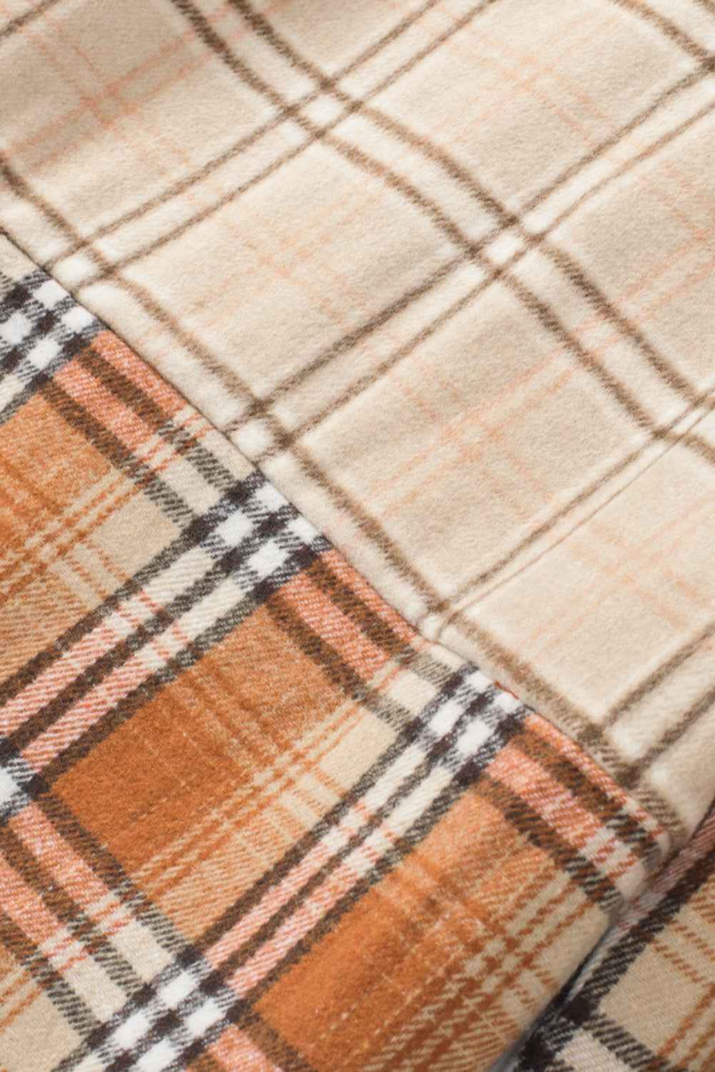 Orange Plaid Color Block Patchwork Pocket Shirt Shacket f49ab1d29637711f