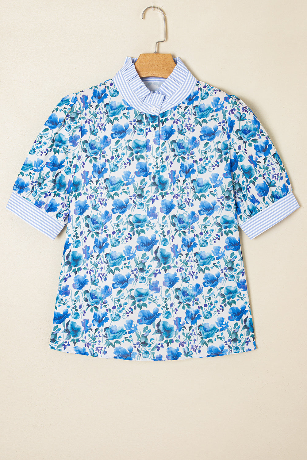 Sky Blue Floral Print Striped Patchwork Collared Blouse f49b1224d4b8d560