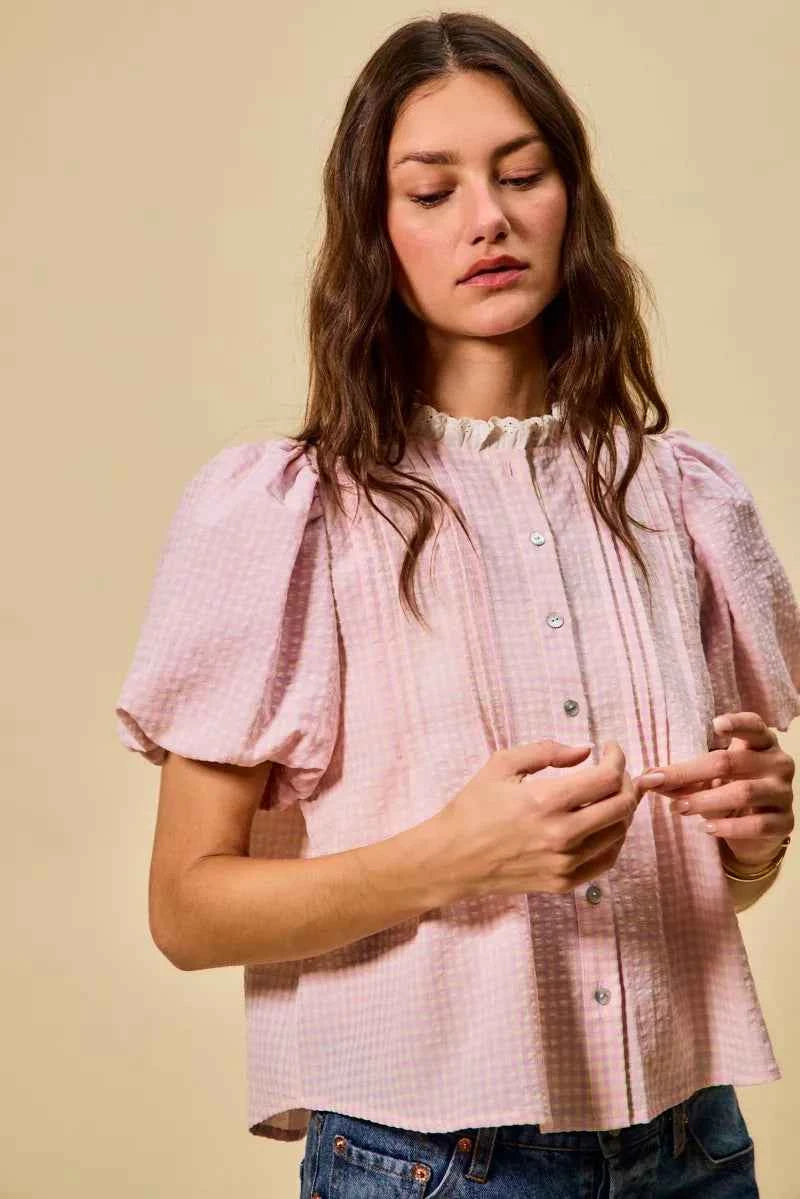 SO ME Gingham Lace Trim Button Bubble Sleeves Blouse f49fd1b27bdc4118a891b85136979698-Max-Origin