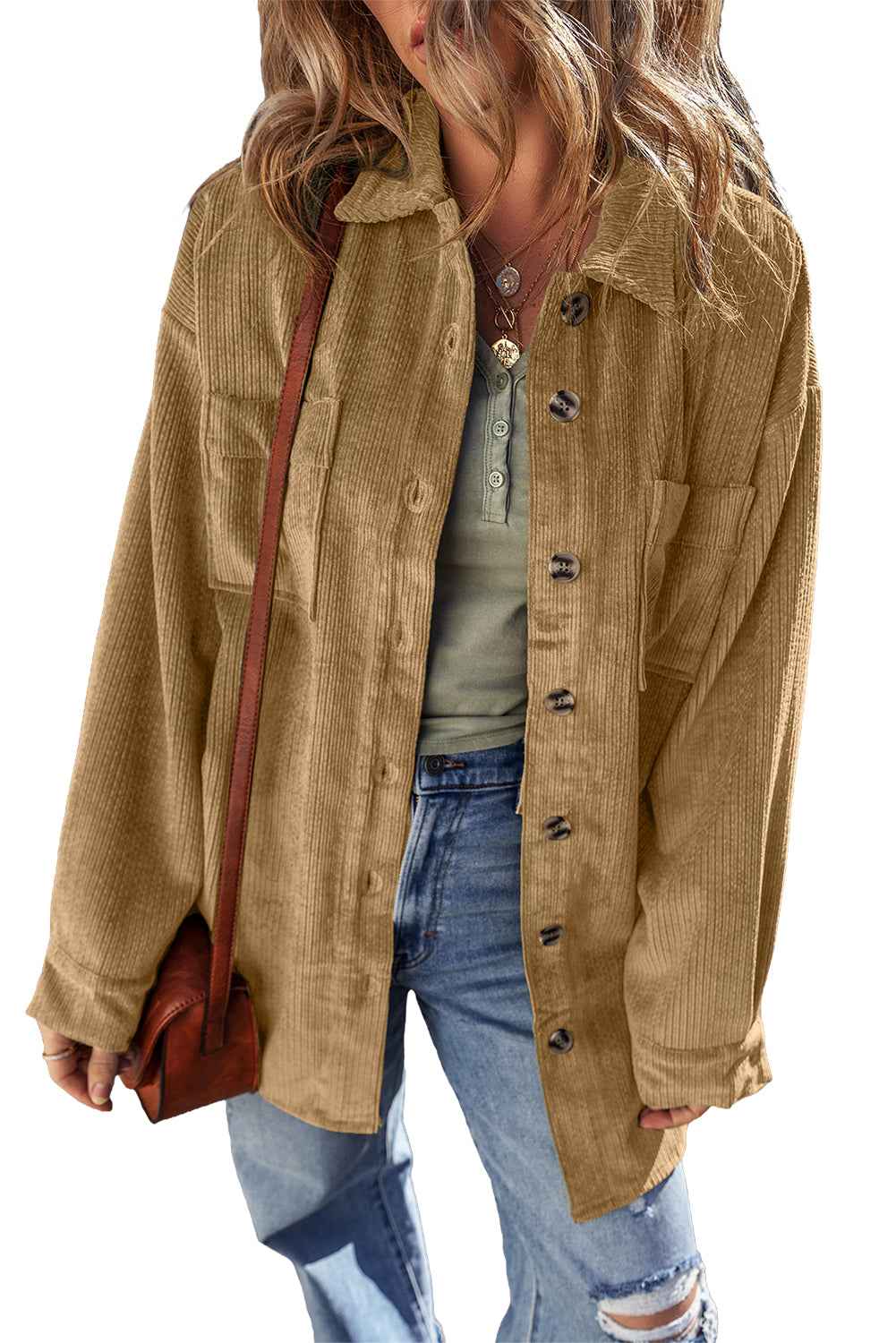 Light French Beige Patched Pocket Button-Up Corduroy Shacket f4a29b2015907217