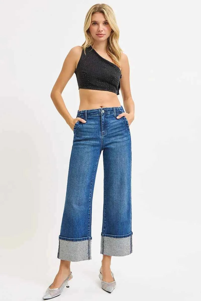 RISEN High Rise Ankle Wide Rhine Stone Cuffed Jeans f4a2c67a063541f1ba3bc76841500c48-Max-Origin