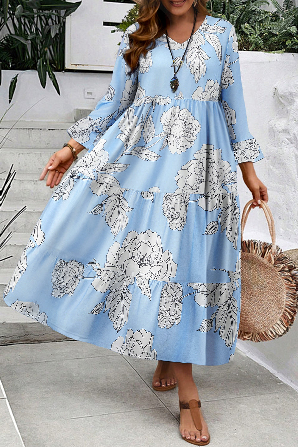Sky Blue Floral Bell Sleeve V Neck Plus Size Tiered Maxi Dress Sky Blue 100%Polyester f4a2d1c53d62920a
