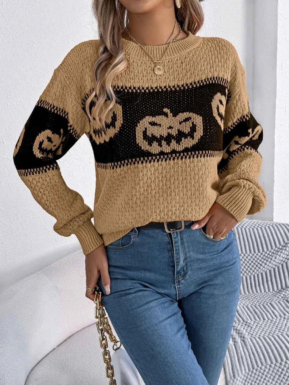 Pumpkin Round Neck Long Sleeve Sweater f4a8e2ac-1ef0-4170-be8e-39863db120f0-Max