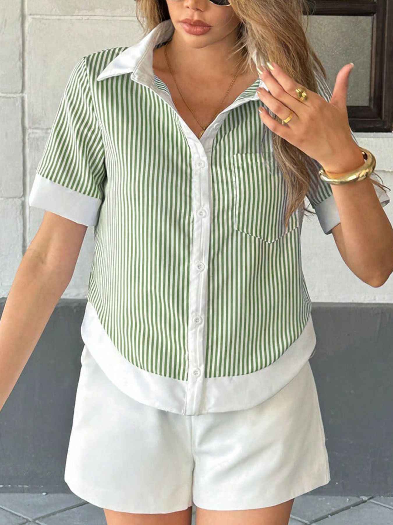 Striped Button-Down Short Sleeve Shirt Green Stripes f4ab9251-f3be-411e-bcd9-4f6d69e0c841-Max