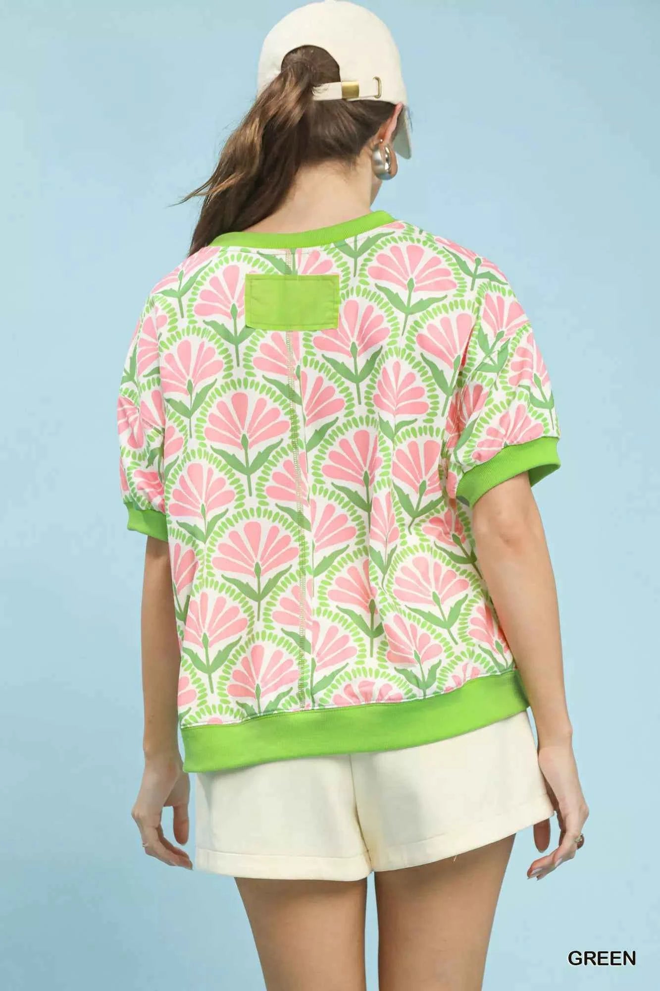 Umgee Floral Print Short Sleeve French Terry Top f4b515ac-7a6c-4abc-a67e-77ea56a56e02-Max-Origin