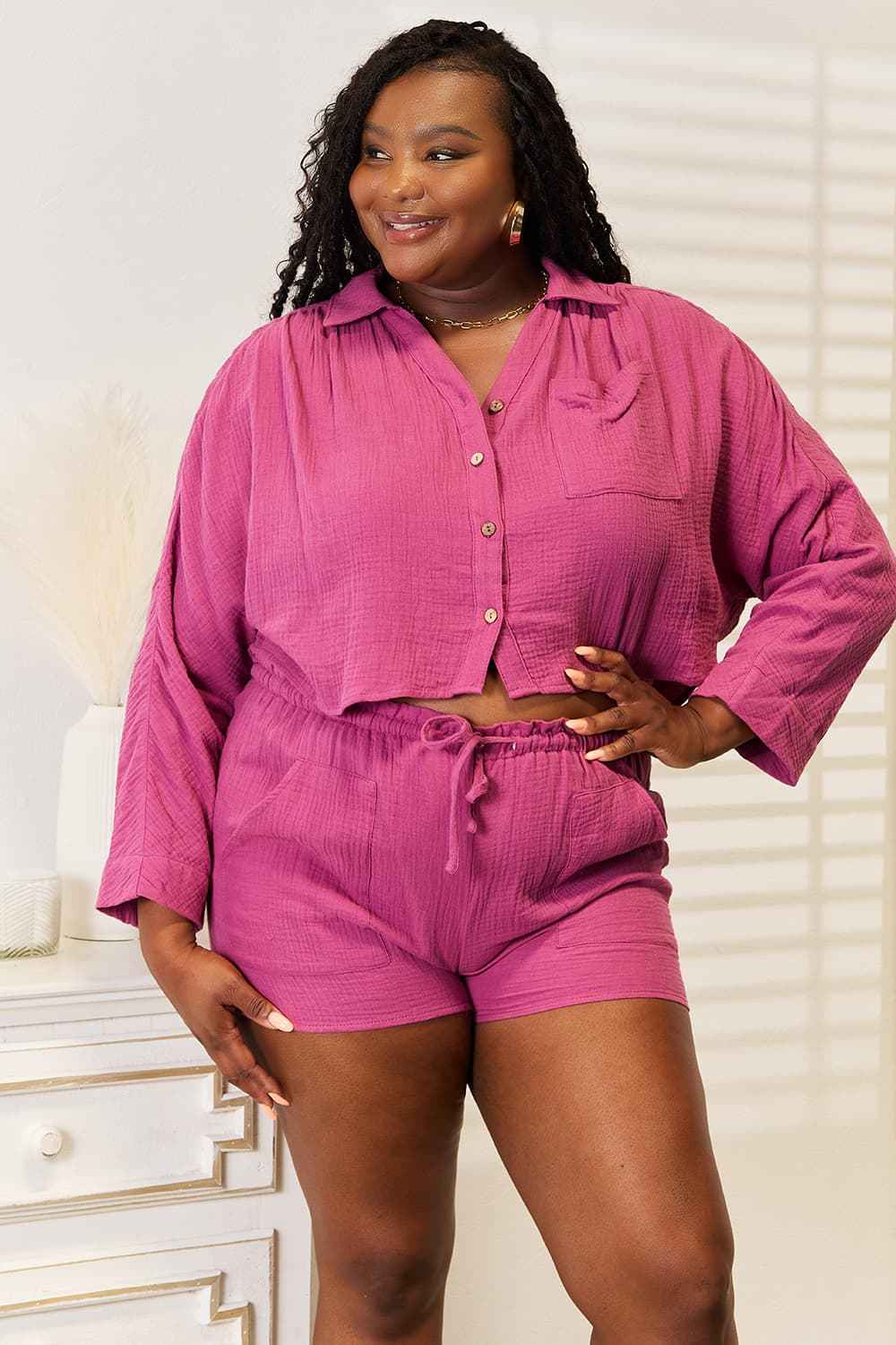 Basic Bae Buttoned Long Sleeve Top and Shorts Set f4bd582d2a86401a83b778ca913be918-Max