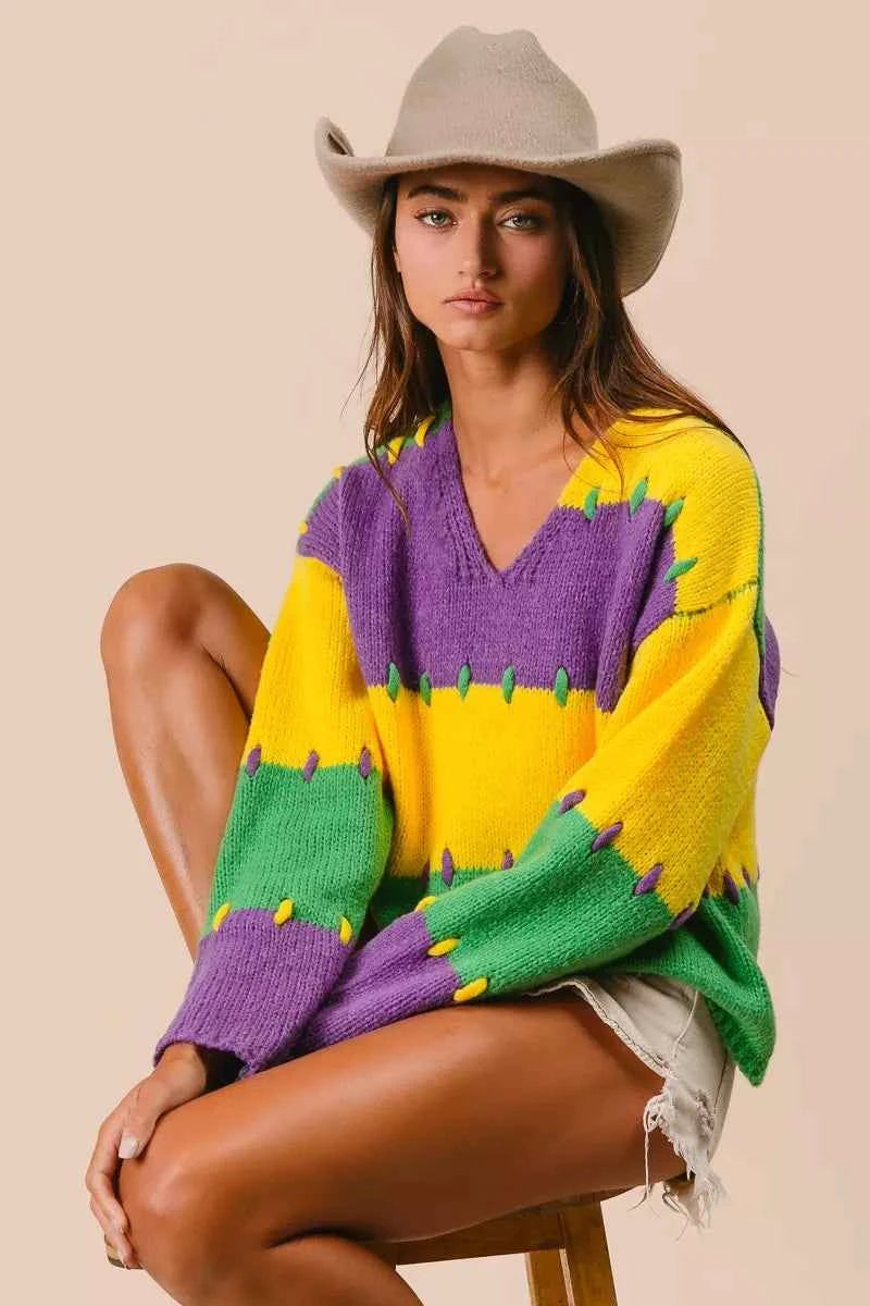 BiBi Stitch Detail Mardi Gras Stripes Sweater f4bf7ceb1f0a49dd9a72f1f1858cafea-Max-Origin