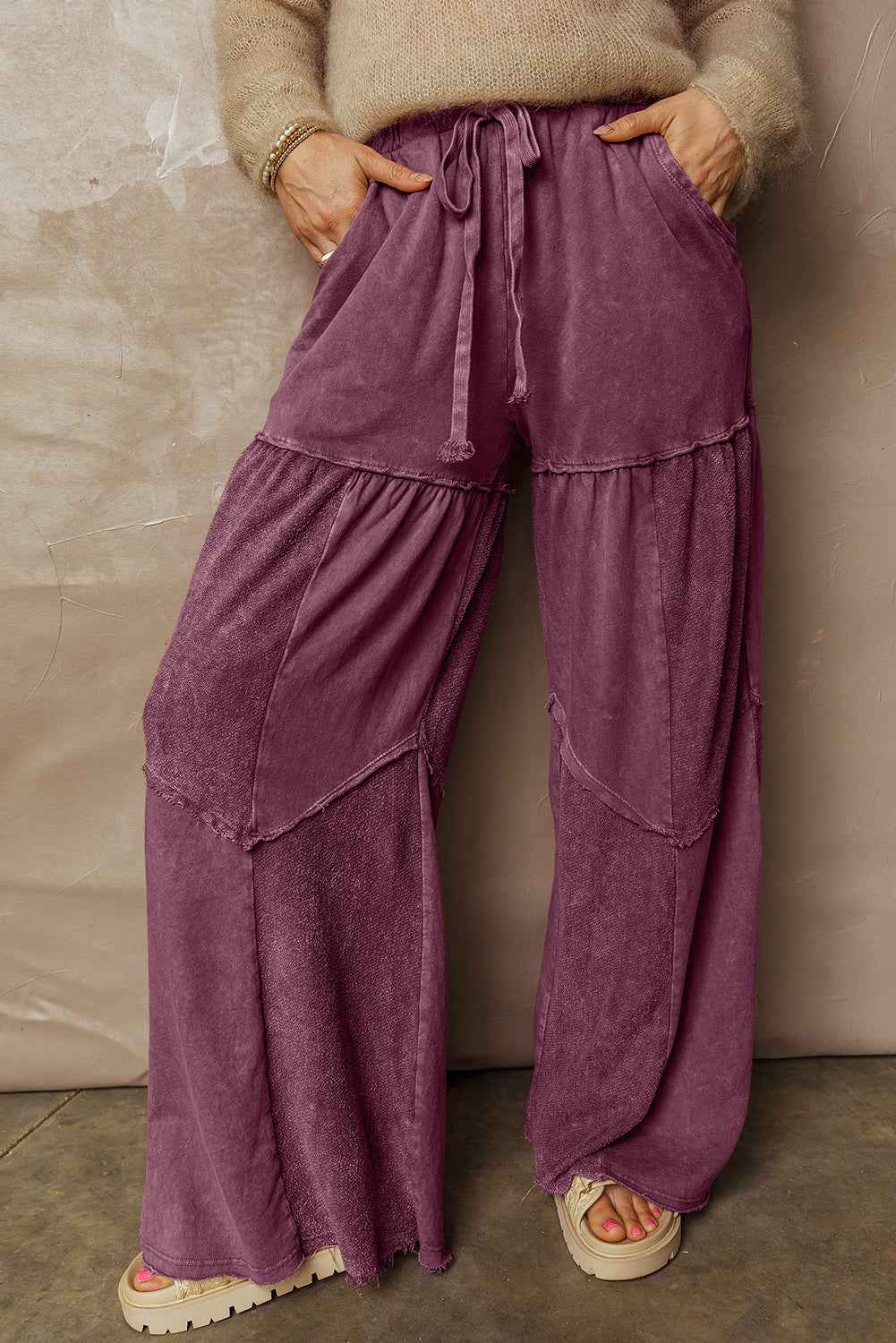Ashleigh Blue Careys Mineral Wash Tiered Wide Leg Patchwork Drawstring Pants f4bfd6065174a93a