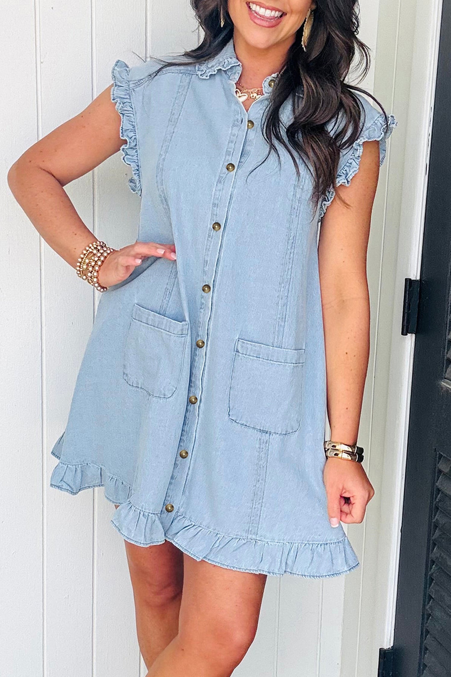 Beau Blue Ruffled Edge Collared Shift Denim Dress with Pockets Beau Blue 74.7%Cotton+16.5%Polyester+8.8%Regenrated Fibre f4c1016cb8e05be9