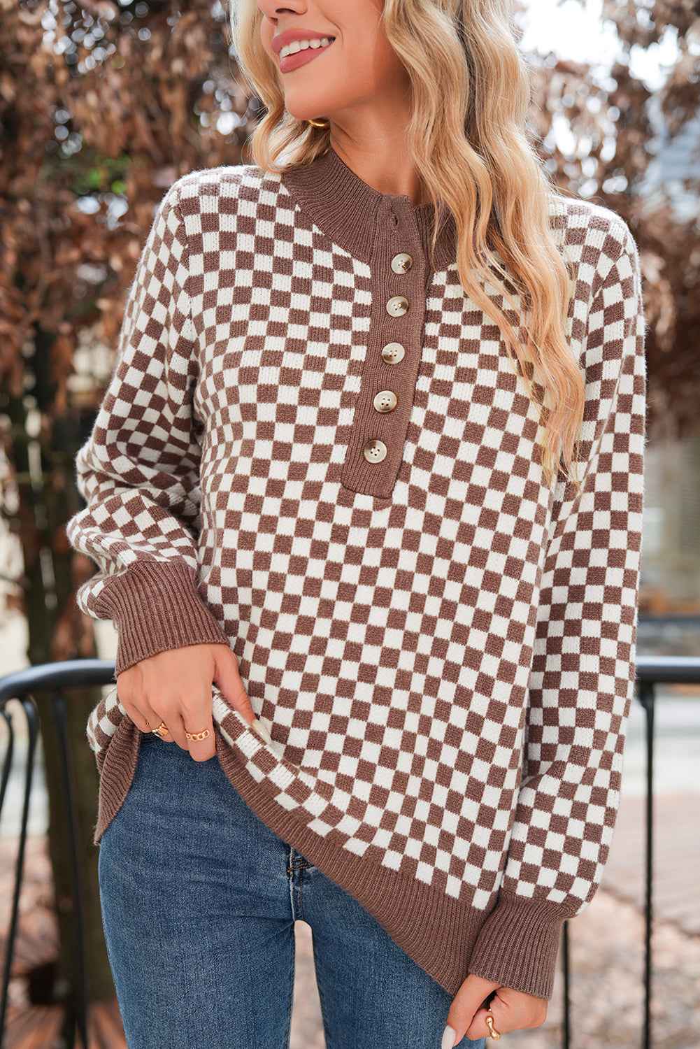 Dark Brown Plaid Contrast Trim Button Neck Sweater Dark Brown 52%Viscose+26%Polyester+22%Polyamide f4c904d94de7efe3