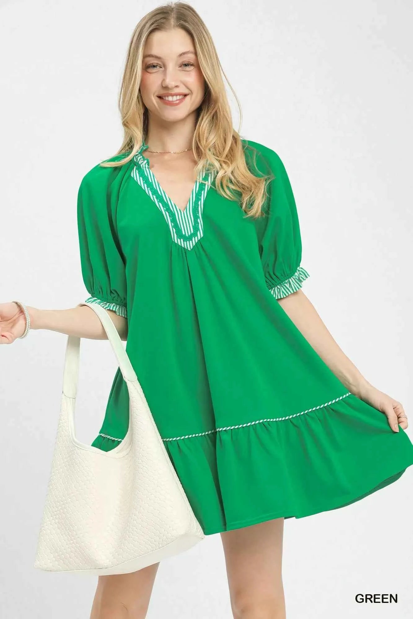 Umgee French Terry Mini Dress with Ruffled Striped Trim GREEN f4ce0912-64f1-4ff6-a499-b0bcc140f9e8-Max-Origin