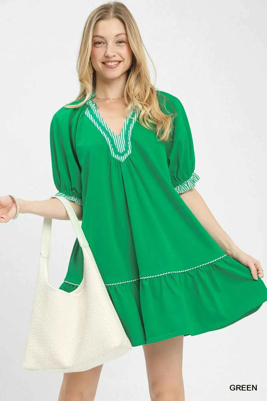 Umgee French Terry Mini Dress with Ruffled Striped Trim GREEN f4ce0912-64f1-4ff6-a499-b0bcc140f9e8-Max-Origin