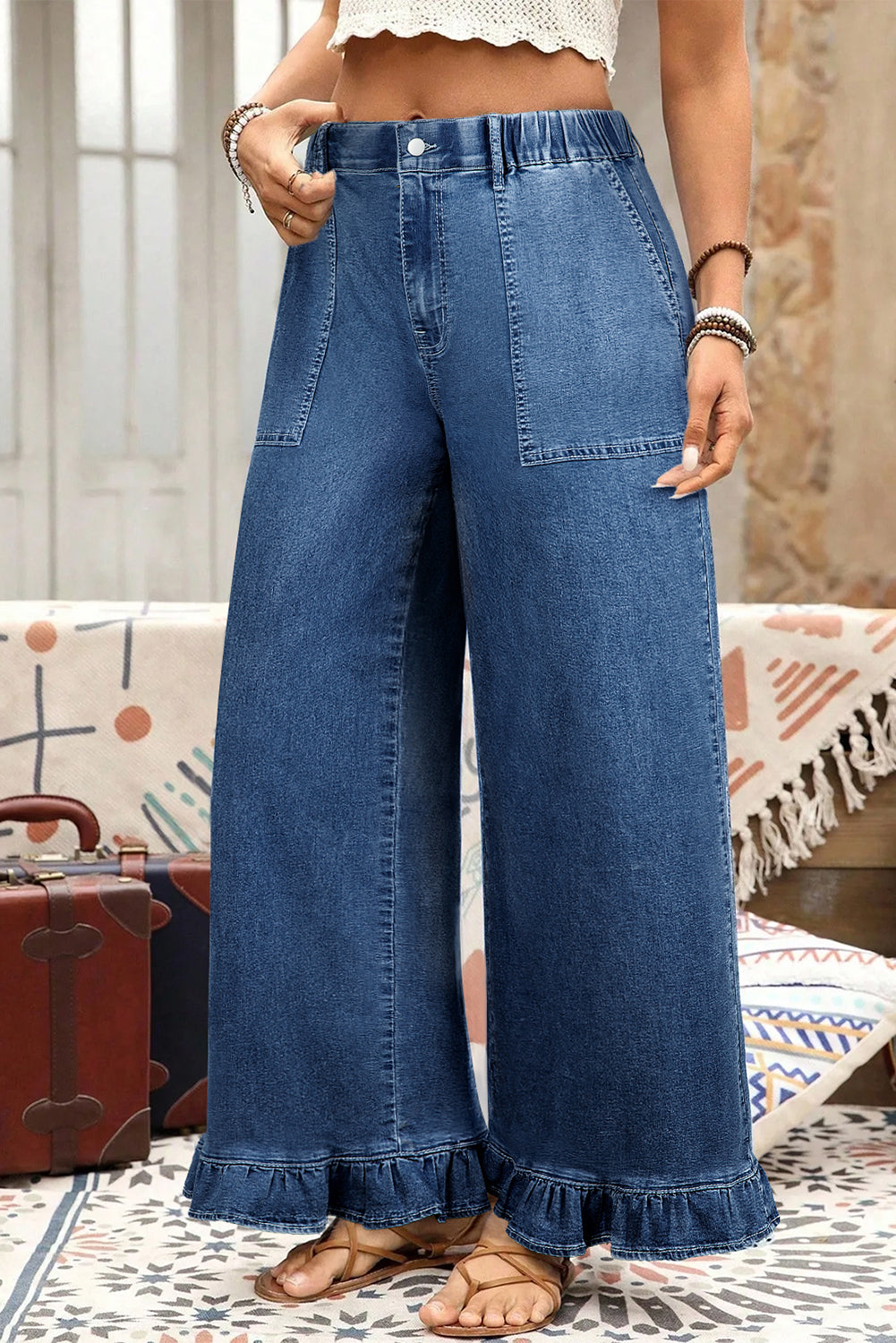 Sail Blue Plus Size Elastic Waist Ruffled Wide Leg Denim Pants f4d532ebb9a70edf