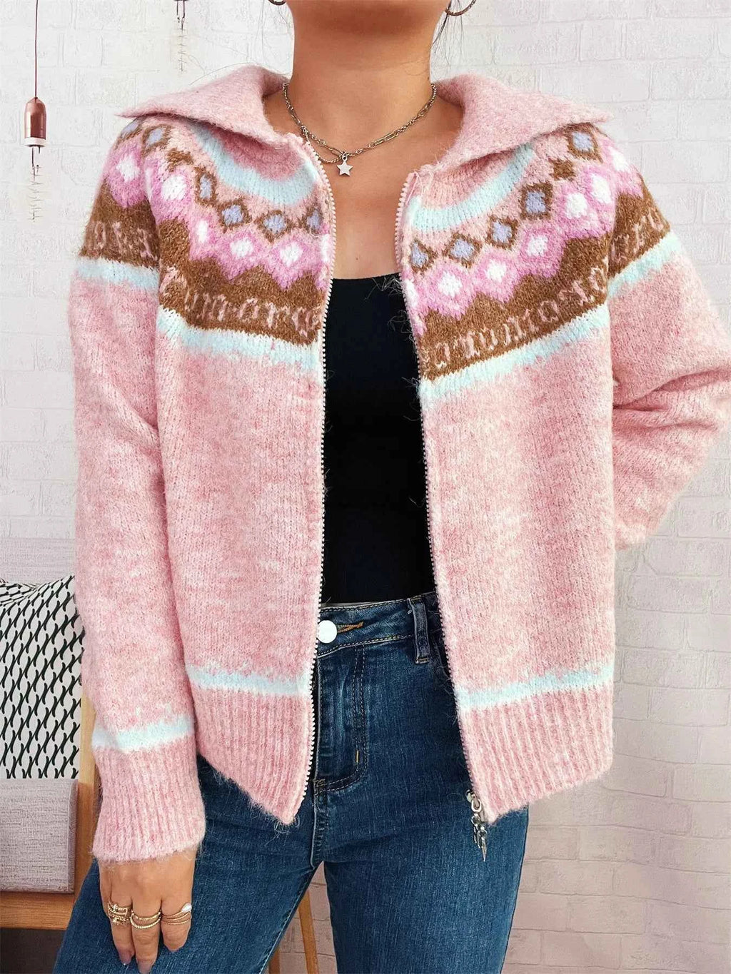 Fair Isle Pattern Zip-Up Cardigan Pink One Size f4dd9299d45c488dab88a8aacd79d373-Max-Origin