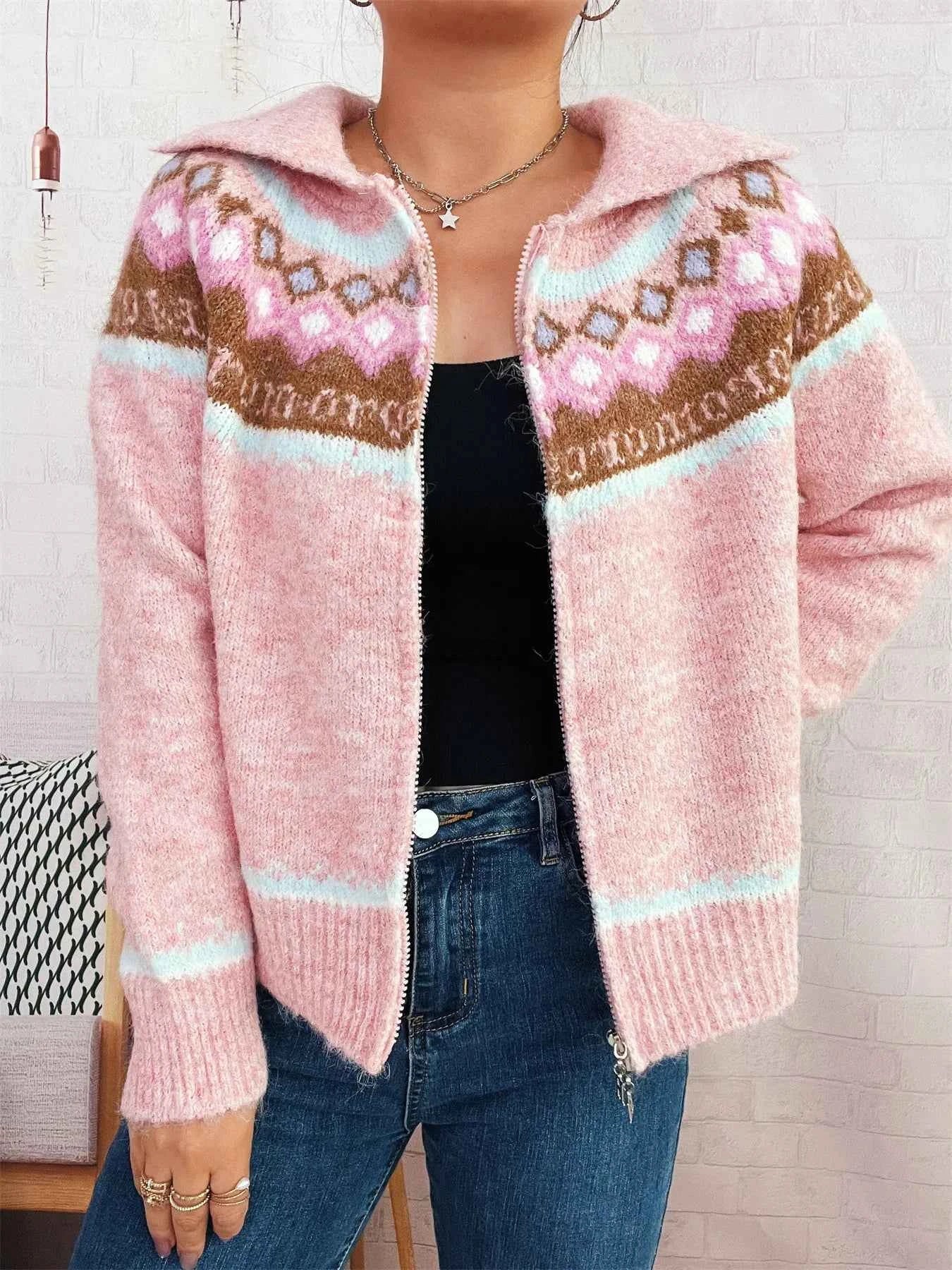 Fair Isle Pattern Zip-Up Cardigan Pink One Size f4dd9299d45c488dab88a8aacd79d373-Max-Origin