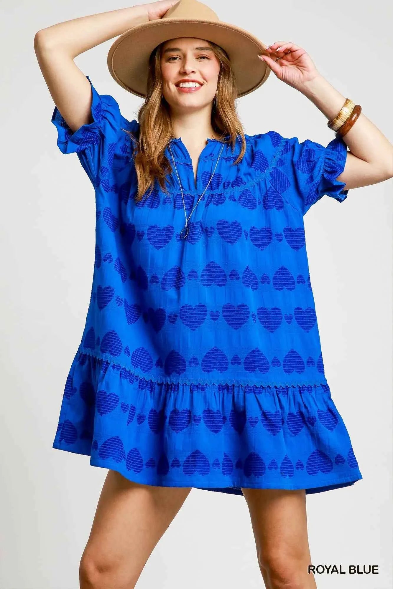 Umgee Heart Pattern Short Sleeve Ruffle Babydoll Dress Royal Blue f4e0e606-bad7-4017-a3e6-9262f15445a4-Max-Origin