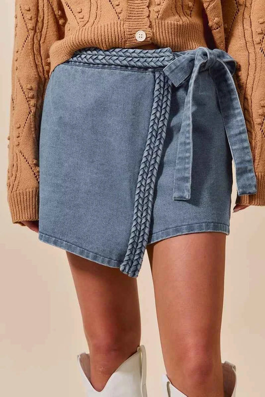 SO ME Wrap Braided Trimmed Denim Skort f4e41625026748a28c8b0b9367cab378-Max-Origin